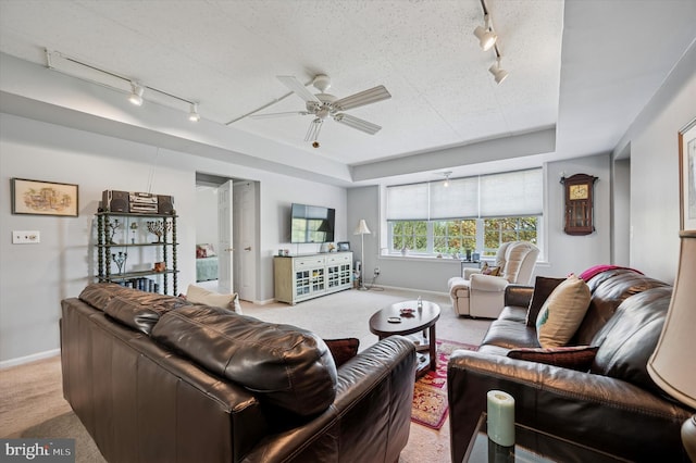 living area featuring rail lighting, light colored carpet, and baseboards