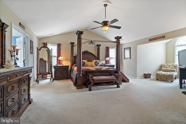 6 Copewood Ct, Manchester, MD 21102 - bedroom with visible vents, ceiling fan, light colored carpet, and lofted ceiling