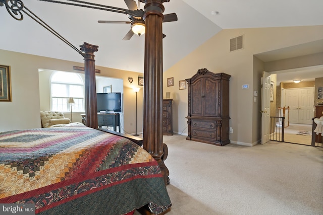 6 Copewood Ct, Manchester, MD 21102 - bedroom with baseboards, light carpet, visible vents, ceiling fan, and high vaulted ceiling