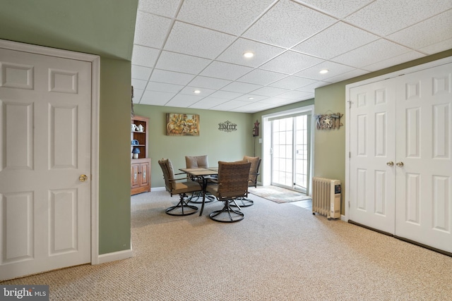 6 Copewood Ct, Manchester, MD 21102 - dining room with a paneled ceiling, radiator, recessed lighting, carpet flooring, and baseboards