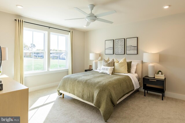 370 Scranton Ln, Ocean View, DE 19970 - bedroom with light colored carpet, recessed lighting, baseboards, and a ceiling fan