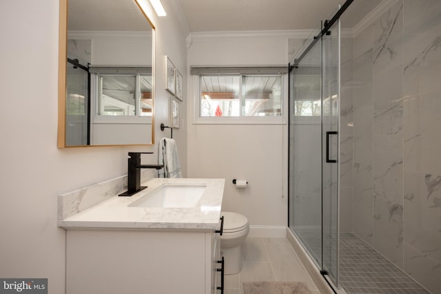 full bathroom featuring vanity, baseboards, crown molding, toilet, and a marble finish shower