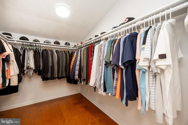 spacious closet featuring vaulted ceiling and wood finished floors
