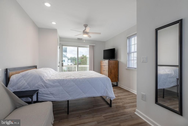 10429 Brighton Rd, Ocean City, MD 21842 - bedroom with access to exterior, wood finished floors, baseboards, recessed lighting, and a ceiling fan