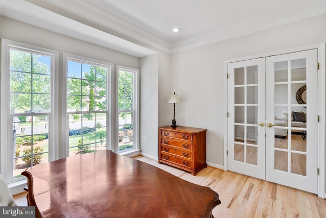 interior space with plenty of natural light, french doors, and wood finished floors