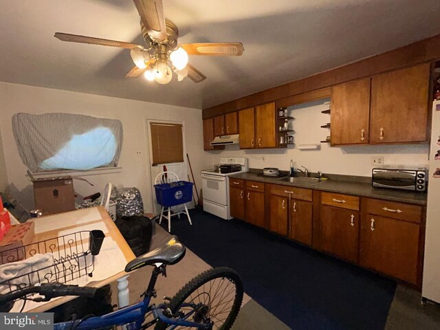 517 Monocacy Hl, Birdsboro, PA 19508 - kitchen featuring open shelves, dark countertops, electric range, extractor fan, and a ceiling fan