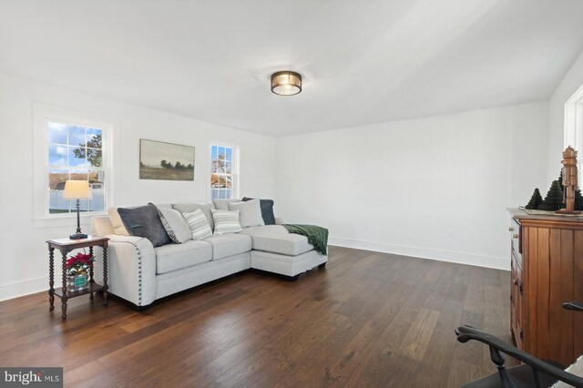 living area featuring baseboards, dark wood-style flooring, and a healthy amount of sunlight