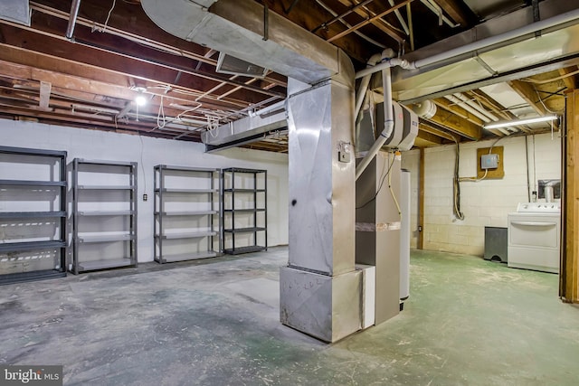 6901 Niles Dr, Laurel, MD 20707 - unfinished basement with concrete block wall, heating unit, and independent washer and dryer