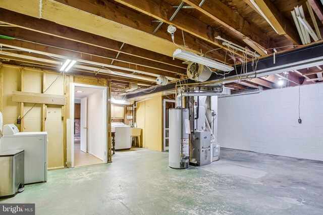 6901 Niles Dr, Laurel, MD 20707 - unfinished below grade area with gas water heater, washer and dryer, concrete block wall, and heating unit