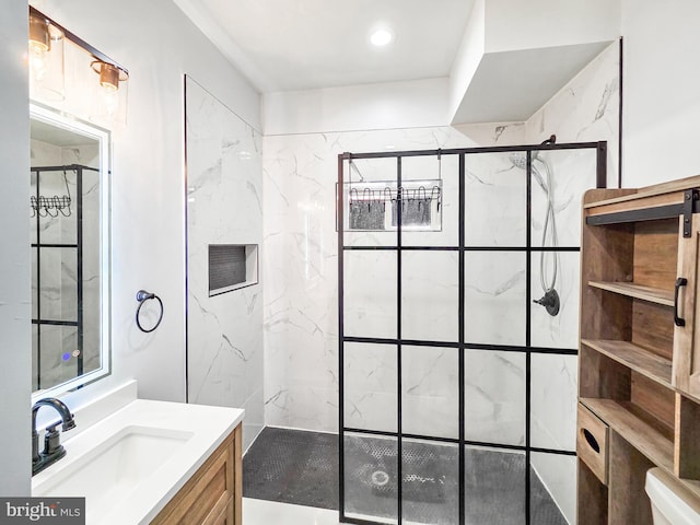 3906 Reisterstown Rd, Baltimore, MD 21215 - bathroom with vanity, a marble finish shower, and toilet