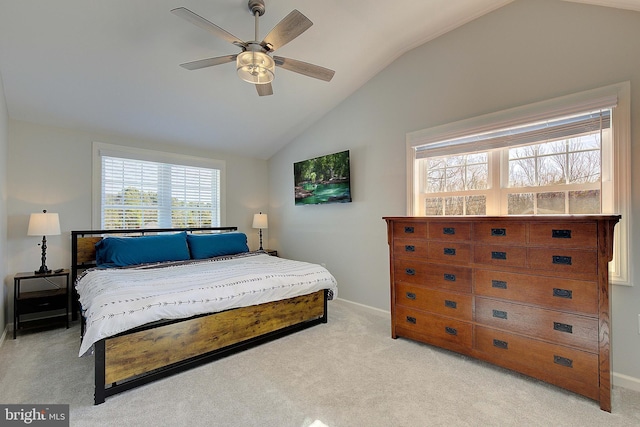 20938 Olen Mattingly Rd, Avenue, MD 20609 - bedroom with baseboards, vaulted ceiling, a ceiling fan, and light carpet