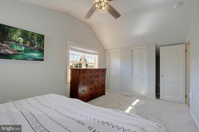 20938 Olen Mattingly Rd, Avenue, MD 20609 - carpeted bedroom with baseboards, lofted ceiling, a ceiling fan, and two closets