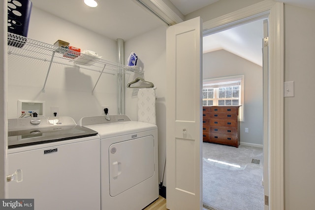20938 Olen Mattingly Rd, Avenue, MD 20609 - washroom featuring washer and clothes dryer, laundry area, baseboards, light colored carpet, and visible vents