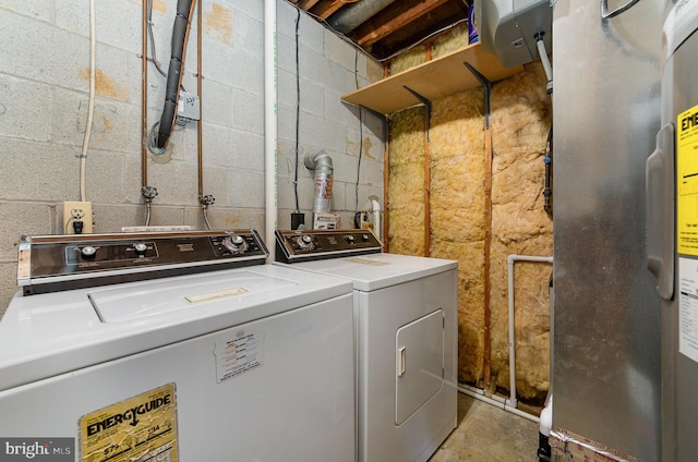 2943 Strathaven Ln, Abingdon, MD 21009 - laundry room featuring independent washer and dryer, water heater, and concrete block wall