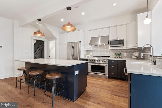 kitchen featuring stainless steel appliances, a sink, under cabinet range hood, tasteful backsplash, and light wood-style flooring