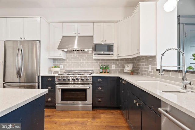 kitchen featuring appliances with stainless steel finishes, under cabinet range hood, a sink, white cabinets, and decorative backsplash