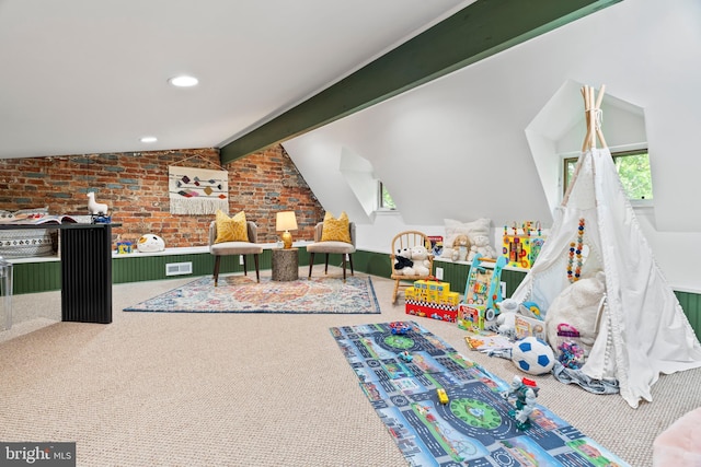 playroom with brick wall and carpet floors