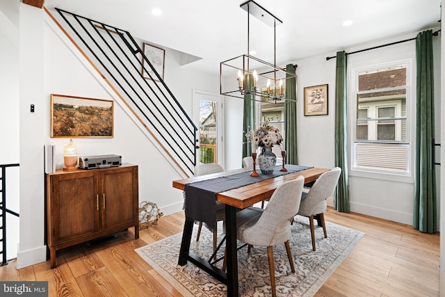 307 Kendall Blvd, Oaklyn, NJ 08107 - dining area with light wood-style floors, recessed lighting, stairway, a notable chandelier, and baseboards