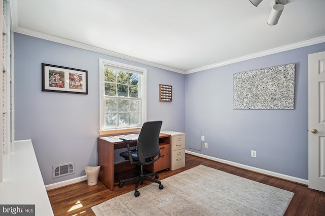 office with visible vents, baseboards, ornamental molding, ceiling fan, and dark wood-type flooring
