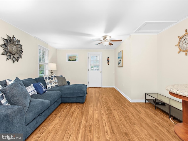 living area with crown molding, baseboards, light wood finished floors, and a ceiling fan