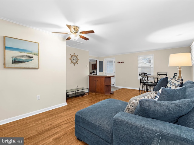 living room featuring crown molding, light wood-style flooring, a ceiling fan, and baseboards