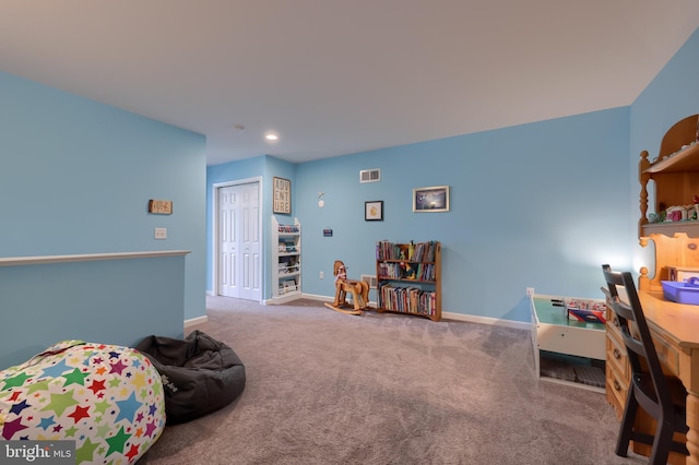 game room featuring baseboards, visible vents, recessed lighting, and carpet