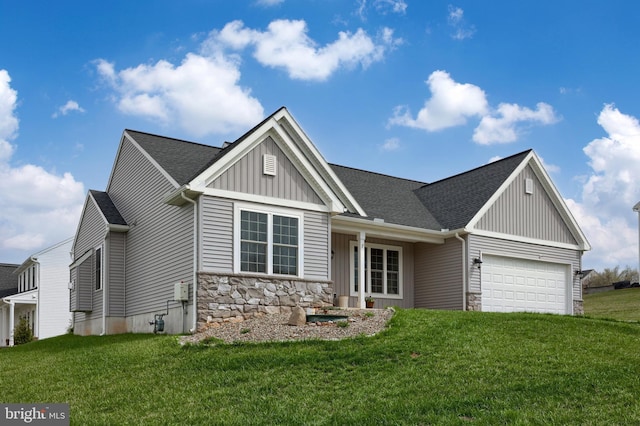 view of front of property featuring stone siding, board and batten siding, a front lawn, and an attached garage