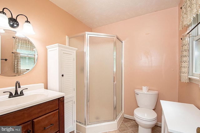 302 Parkside Rd, Linden, VA 22642 - bathroom with a stall shower, toilet, vanity, tile patterned flooring, and a textured ceiling