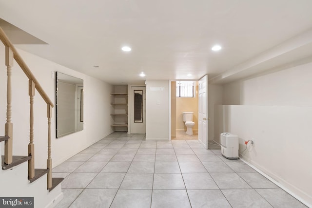 2225 S Hicks St, Philadelphia, PA 19145 - basement with stairs, baseboards, recessed lighting, and light tile patterned floors