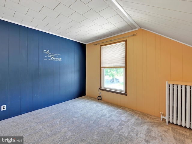 1402 Elm St, Lebanon, PA 17042 - carpeted spare room featuring radiator, wooden walls, and vaulted ceiling