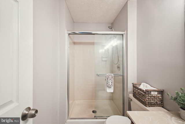 bathroom with a shower stall, a textured ceiling, toilet, and vanity