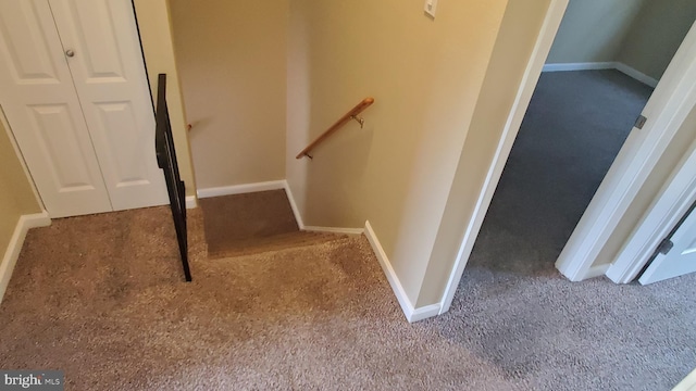 stairs with carpet floors and baseboards
