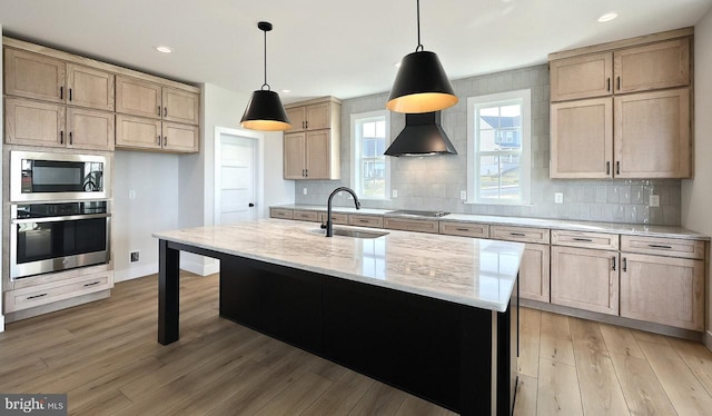 1999 N Fall Harvest Dr, Mechanicsburg, PA 17055 - kitchen featuring tasteful backsplash, light wood-type flooring, wall chimney range hood, a sink, and stainless steel appliances