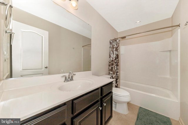 8473 Randell Ridge Rd, Frederick, MD 21704 - bathroom featuring vanity, shower / bathtub combination with curtain, toilet, and tile patterned flooring
