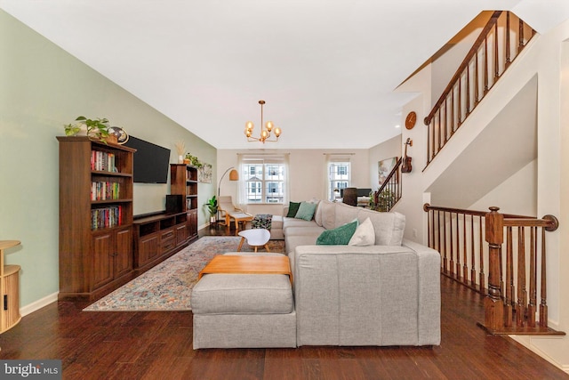 8473 Randell Ridge Rd, Frederick, MD 21704 - living room with dark wood-type flooring, a chandelier, stairs, and baseboards