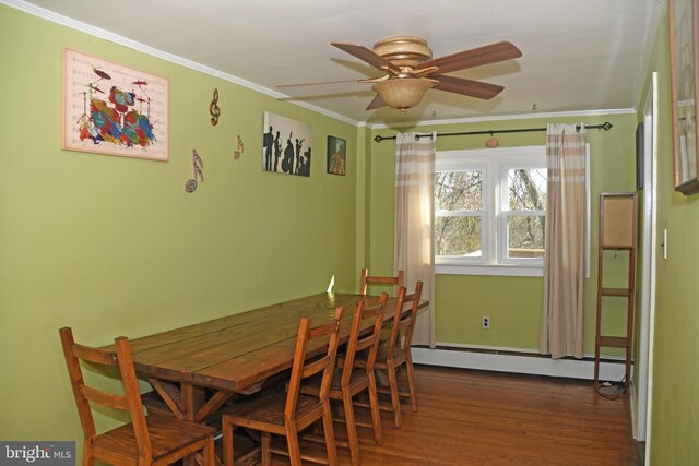 dining space with crown molding, ceiling fan, baseboard heating, and dark wood-type flooring