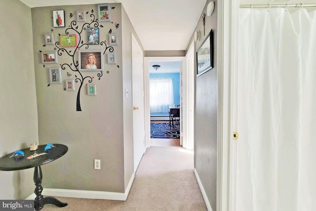corridor with a baseboard radiator, baseboards, and carpet flooring