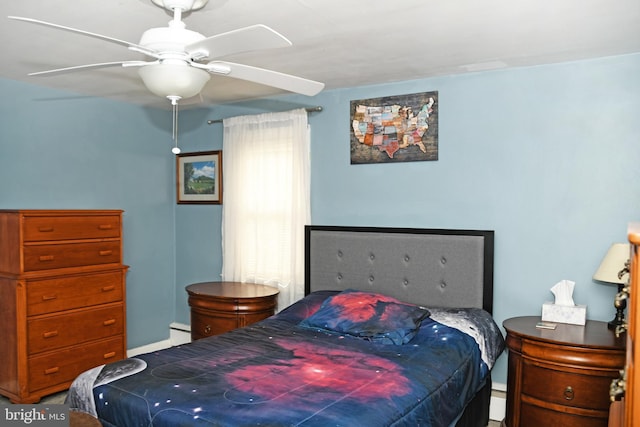 bedroom with a baseboard radiator and ceiling fan