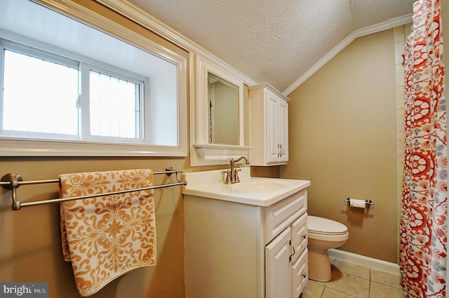 full bath with tile patterned floors, toilet, baseboards, lofted ceiling, and vanity