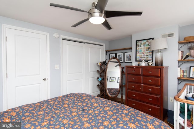 bedroom with visible vents, a closet, and ceiling fan