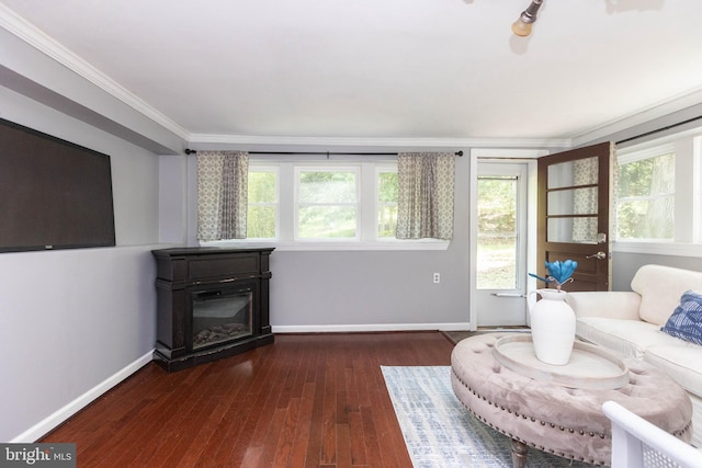 7012 Lancaster Rd, Baltimore, MD 21207 - living area with crown molding, hardwood / wood-style flooring, and a glass covered fireplace