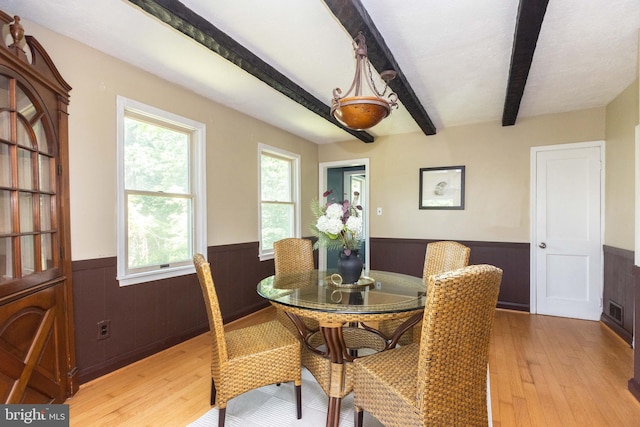 7012 Lancaster Rd, Baltimore, MD 21207 - dining space featuring a wainscoted wall, light wood-type flooring, beam ceiling, and wood walls