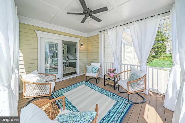 24642 Black Willow Dr, Aldie, VA 20105 - sunroom with an outdoor living space, a ceiling fan, and coffered ceiling