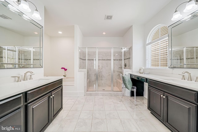 24642 Black Willow Dr, Aldie, VA 20105 - full bathroom with a sink, visible vents, two vanities, and a shower stall
