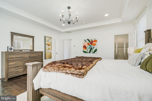 24642 Black Willow Dr, Aldie, VA 20105 - bedroom with an inviting chandelier, dark wood-style floors, crown molding, recessed lighting, and ensuite bath