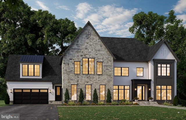 view of front of house with driveway, a front lawn, stone siding, and stucco siding