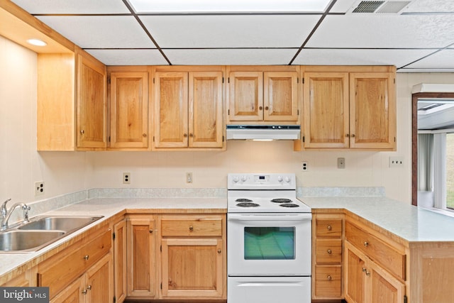 kitchen featuring light countertops, under cabinet range hood, a sink, and electric stove