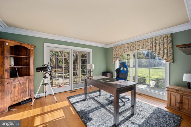 office area with a wealth of natural light, ornamental molding, and wood finished floors