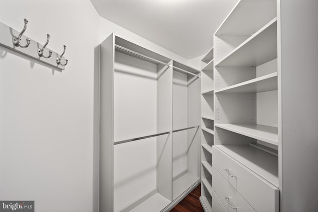walk in closet with dark wood-style floors
