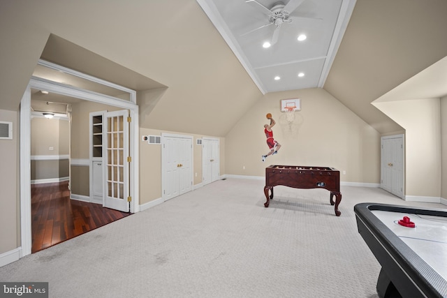 playroom featuring visible vents, ceiling fan, recessed lighting, and baseboards